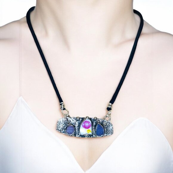 Artisan Boho Broken China & Glass Mixed Media Necklace With Silver Blend Pendant